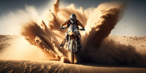 Extreme motocross on sand dunes dynamic concept art, motorcycle sport illustration, generative ai - obrazy, fototapety, plakaty