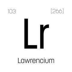 Lawrencium, Lr, periodic table element with name, symbol, atomic number and weight. Synthetic radioactive element with potential uses in scientific research and nuclear power.