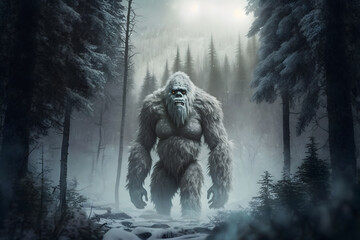 Yeti or abominable snowman walks through winter forest area. Neural network AI generated art - obrazy, fototapety, plakaty