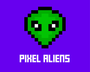Pixel alien 8 bit art. Cosmic graphic cartoon pixel alien icon ufo alien.
