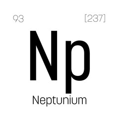 Neptunium, Np, periodic table element with name, symbol, atomic number and weight. Synthetic radioactive element with potential uses in scientific research and nuclear power.