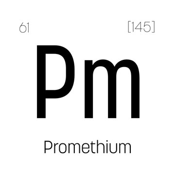 Promethium, Pm, periodic table element with name, symbol, atomic number and weight. Synthetic radioactive element with potential uses in scientific research and nuclear power.
