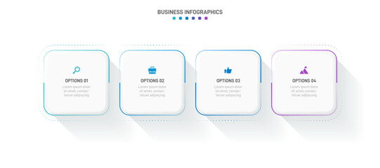 Timeline infographic with infochart. Modern presentation template with 4 spets for business process. Website template on white background for concept modern design. Horizontal layout.
