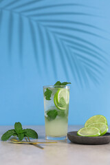 Bright, modern and playful cocktail image of a mojito with green lemon and peppermint with a blue background and a shadow of a palm tree