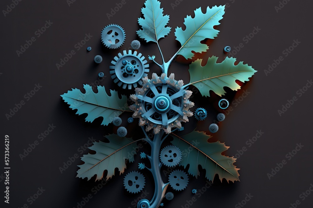 Poster surreal background with imaginary computer cpu parts as flowers, monochrome cyan image, generative a