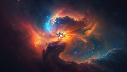 Behold the mesmerizing beauty of the cosmos with this stunning image of a colorful, glowing nebula. Perfect for captivating designs and projects. Generative AI