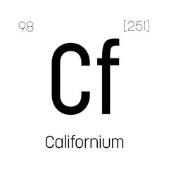 Californium, Cf, periodic table element with name, symbol, atomic number and weight. Synthetic radioactive element with potential uses in scientific research and nuclear power.