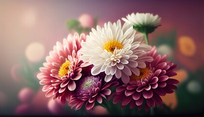 Chrysanthemum Bouquet of flowers colorful blurred background with copy space for text. Valentine's Day and Mother's Day, Women's Day. Holiday mockup with gerber flowers. soft focus. generative ai