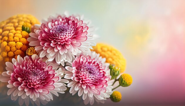 Chrysanthemum Bouquet of flowers colorful blurred background with copy space for text. Valentine's Day and Mother's Day, Women's Day. Holiday mockup with gerber flowers. soft focus. generative ai