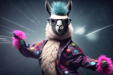Llama in a disco-styled outfit showcasing its moves, concept of Dancing and Costumes, created with Generative AI technology - obrazy, fototapety, plakaty