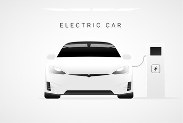 Electric ev car charge station vector concept. Future battery electric car technology recharge background hybrid illustration.