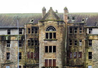 Hartwood Hospital, abandoned psychiatric asylum. Closer look at the facade and architectural features of the Baronial-style derelict building, Shotts
