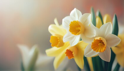 Obraz na płótnie Canvas Narcissus Bouquet of flowers colorful blurred background with copy space for text. Valentine's Day and Mother's Day, Women's Day background. Holiday mockup gerber flowers. soft focus. generative ai