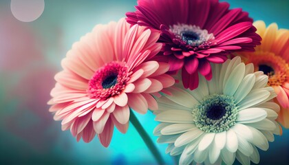 Gerbera Bouquet of flowers colorful blurred background with copy space for text. Valentine's Day and Mother's Day, Women's Day background. Holiday mockup with gerber flowers. soft focus. generative ai - obrazy, fototapety, plakaty