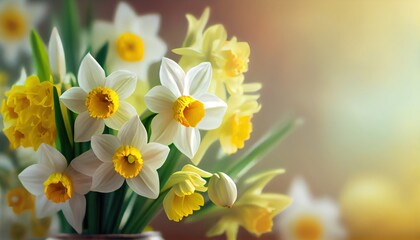 Narcissus Bouquet of flowers colorful blurred background with copy space for text. Valentine's Day and Mother's Day, Women's Day background. Holiday mockup gerber flowers. soft focus. generative ai