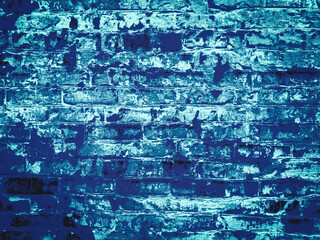 Blue, matte grunge texture of an old red brick wall with damage and peeling paint. Gradient background. 4k wallpaper with toned texture. Place for text for designer. Wide panoramic banner