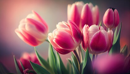 Obraz na płótnie Canvas Pink tulips Bouquet of flowers colorful blurred background with copy space for text. Valentine's Day and Mother's Day, Women's Day. Holiday mockup with gerber flowers. soft focus. generative ai