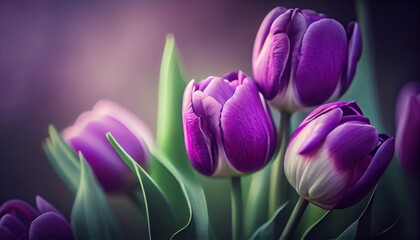Obraz na płótnie Canvas Purple tulips Bouquet of flowers colorful blurred background with copy space for text. Valentine's Day and Mother's Day, Women's Day. Holiday mockup with gerber flowers. soft focus. generative ai