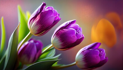 Obraz na płótnie Canvas Purple tulips Bouquet of flowers colorful blurred background with copy space for text. Valentine's Day and Mother's Day, Women's Day. Holiday mockup with gerber flowers. soft focus. generative ai