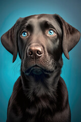 A cute black lab dog looks at the camera. Plain blue background. Formatted for book cover use.