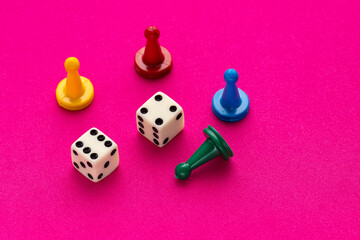 Board game pieces and dice - Rhodamine red eva rubber background