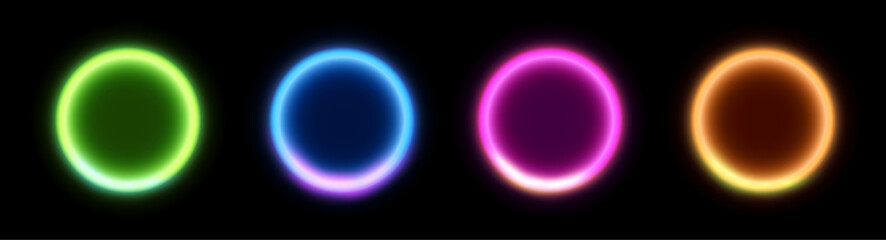 Neon light circle ring. Purple glow laser neon round vector effect circle frame background