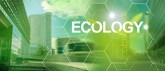 Fototapeta premium Urban landscape blurry background, city making future clean. Ecosystem safe environment.