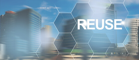 Urban landscape blurry background, city making future clean by reusing products. The concept of circular economy and reuse for future growth of business and clean environment.