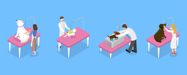 3D Isometric Flat Vector Conceptual Illustration of Pet Grooming, Professional Pet Barber Services