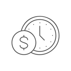 Clock with coin, time is money, loan payment, fast money lineal icon. Time management symbol design.
