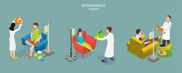 3D Isometric Flat Vector Conceptual Illustration of Intravenous Therapy, IV Drip Vitamin Infusion