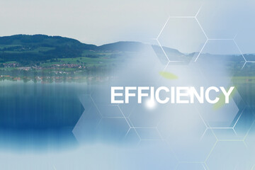  Energy efficiency to reduce carbon footprint. Pure water of lake in the mountains — protecting nature for future generations.