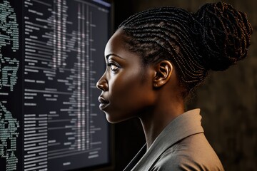 In profile African American woman programmer looking at lines of code on a screen, looking at chart. Hacker concept. Generative AI