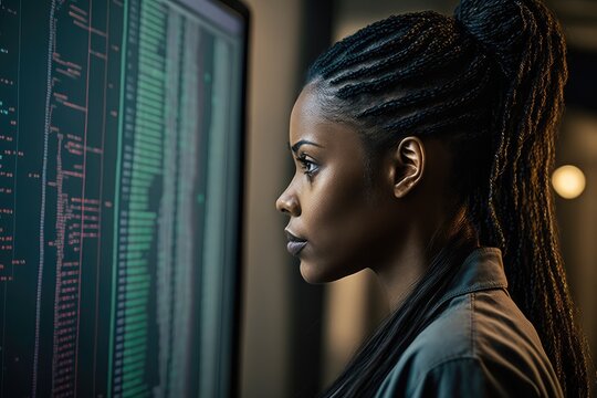 In profile African American woman programmer looking at lines of code on a screen, looking at chart. Hacker concept. Generative AI.