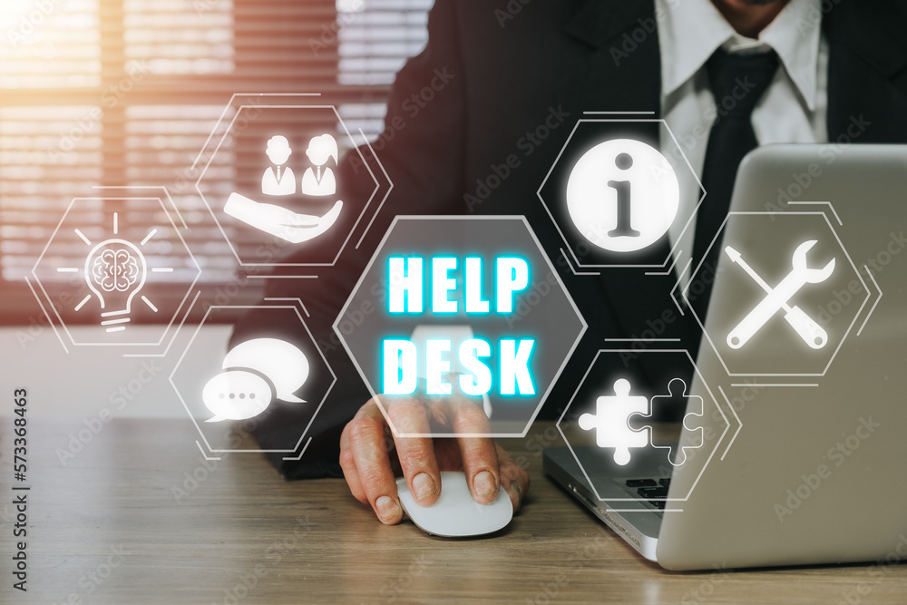 Poster communication service help desk concept, person using laptop computer on office desk with help desk 