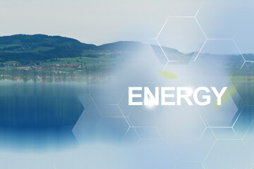 Green energy sources for clean and healthy future of planet. Pure water of lake in the mountains — protecting nature for future generations.