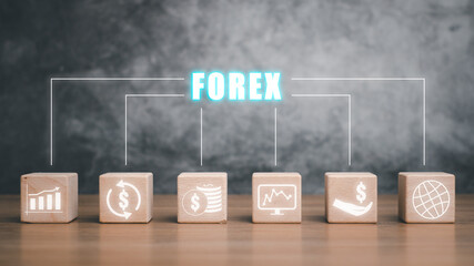 Forex trading concept, Wooden block on desk with Forex icon on VR screen, Online investment. Business, internet and technology concept.