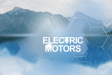 Pure water of lake in the mountains — protecting nature for future generations. Electric car and...