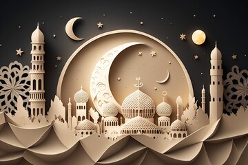 illustration of mosque with papercut style, moon and star at the backhround. Generated with AI. Suitable to use for Ramadan or Eid al-Adha and Eid al-Fitr event	