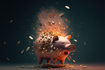 The piggy bank explodes and shatters into pieces, concept of Scattered Money and Splintered Shards, created with Generative AI technology