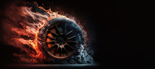 Burnout tire flames and smoke, drifting wheels concept art, highs speed wheel on fire, generative ai - obrazy, fototapety, plakaty