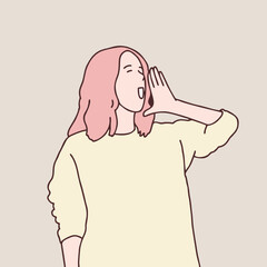 Girl shouting and screaming loud to side with hand on mouth simple korean style illustration