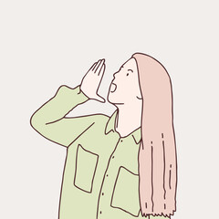 Young woman shouting up and screaming loud to side with hand on mouth simple korean style illustration