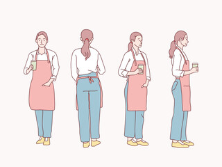 Woman coffee barista waitress 360 front side back rear views simple korean style illustration