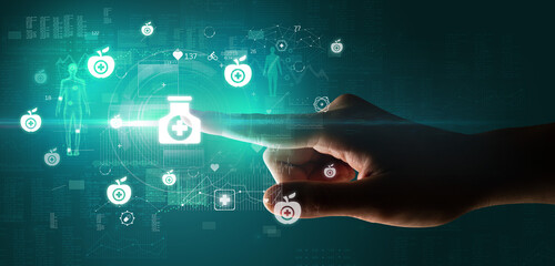 Doctor hand pressing futuristic health device with medical symbol on screen
