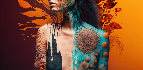 Body skin problems in boho style on a colored background, concept of Boho Chic and Dermatology, created with Generative AI technology - obrazy, fototapety, plakaty