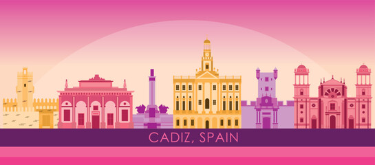 Sunset Skyline panorama of  Cadiz, Andalusia, Spain - vector illustration - obrazy, fototapety, plakaty