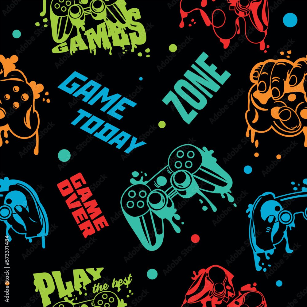 Poster game logo seamless pattern black. repeating design element for printing on fabric. console and contr