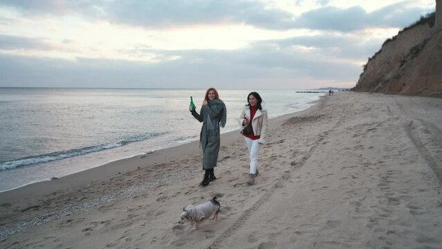 Two beautiful Ukrainian young woman walk along the beach and drink champagne with their dogs in autumn at sunset or sunrise. Slow motion shot. Go Everywhere