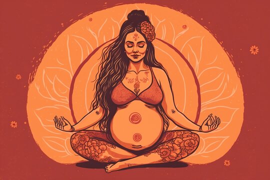Pregnant yoga in boho style on a colored background, concept of Boho Chic and Maternity Yoga, created with Generative AI technology